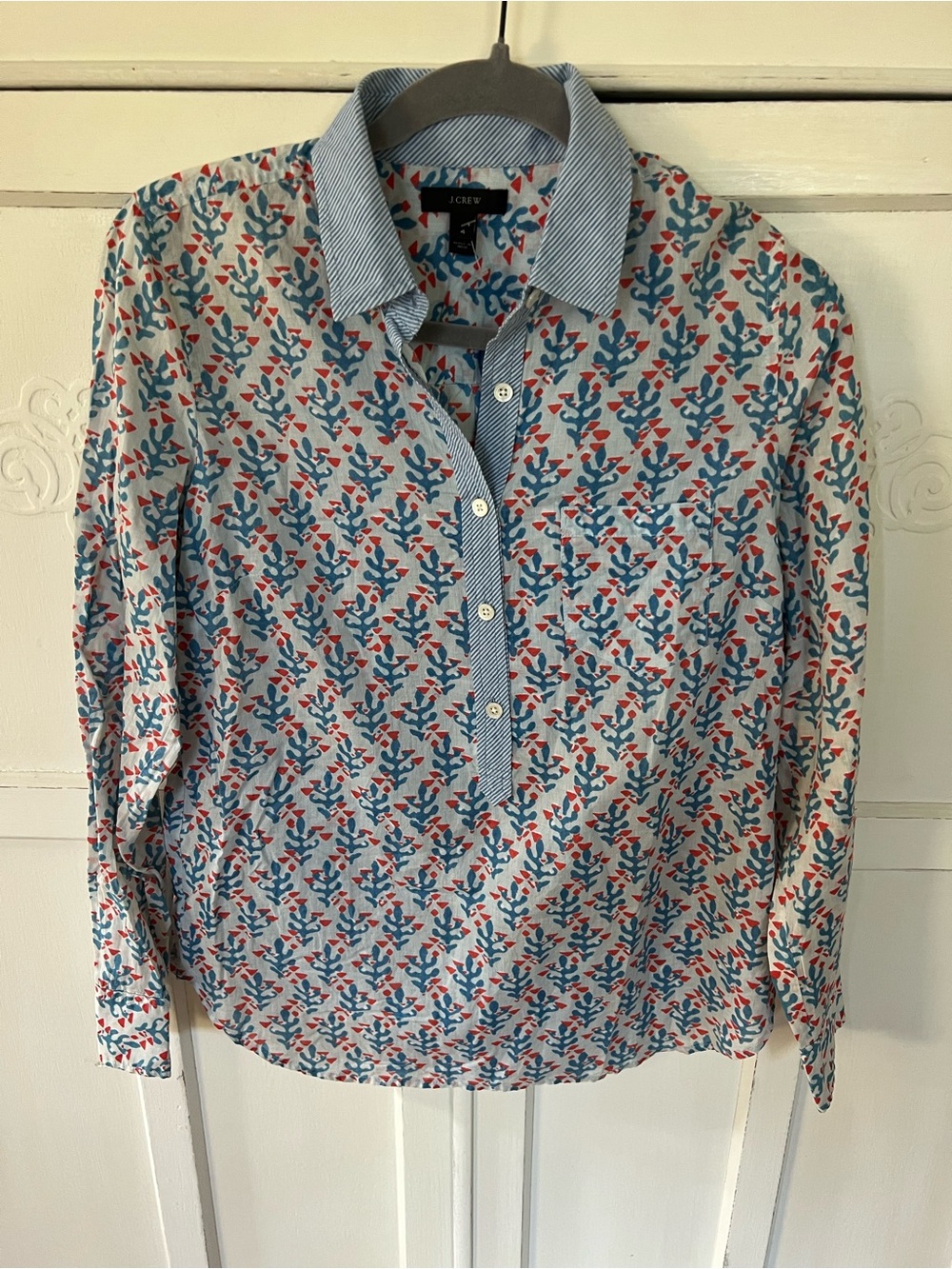 NWOT J. Crew Light Blue Block Print Light Weight Popover Blouse Top Tunic SZ 2.
